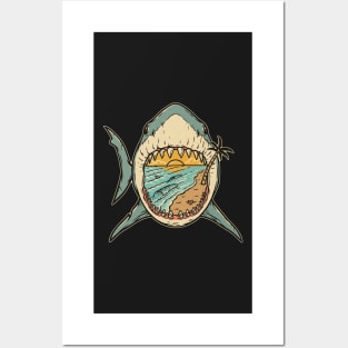 Vintage Shark and a Beach Sunset Posters and Art